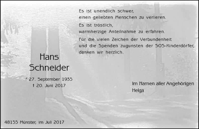  Traueranzeige für Hans Schneider vom 29.07.2017 aus Westfälische Nachrichten