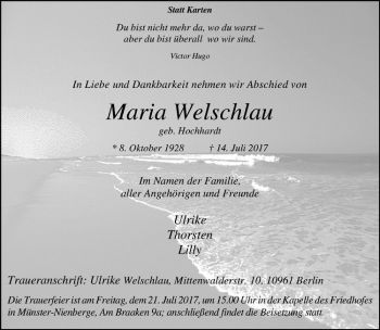 Anzeige von Maria Welschlau von Westfälische Nachrichten