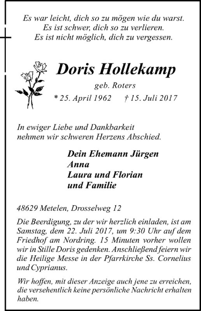  Traueranzeige für Doris Hollekamp vom 20.07.2017 aus Westfälische Nachrichten