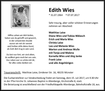 Anzeige von Edith Wies von Westfälische Nachrichten