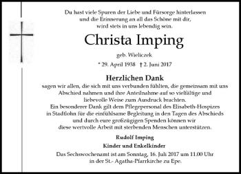 Anzeige von Christa Imping von Westfälische Nachrichten