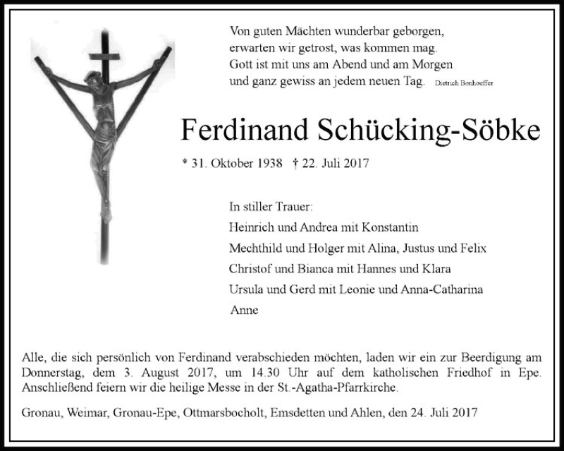  Traueranzeige für Ferdinand Schücking-Söbke vom 29.07.2017 aus Westfälische Nachrichten