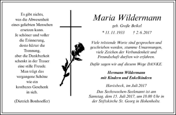 Anzeige von Maria Wildermann von Westfälische Nachrichten