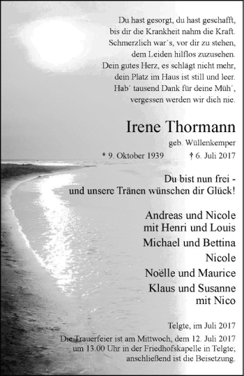 Anzeige von Irene Thormann von Westfälische Nachrichten