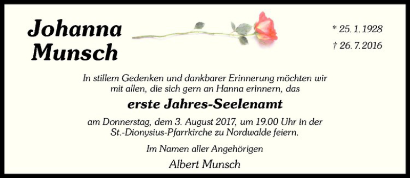  Traueranzeige für Johanna Munsch vom 29.07.2017 aus Westfälische Nachrichten