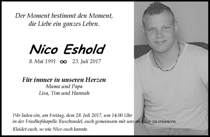  Traueranzeige für Nico Eshold vom 26.07.2017 aus Westfälische Nachrichten