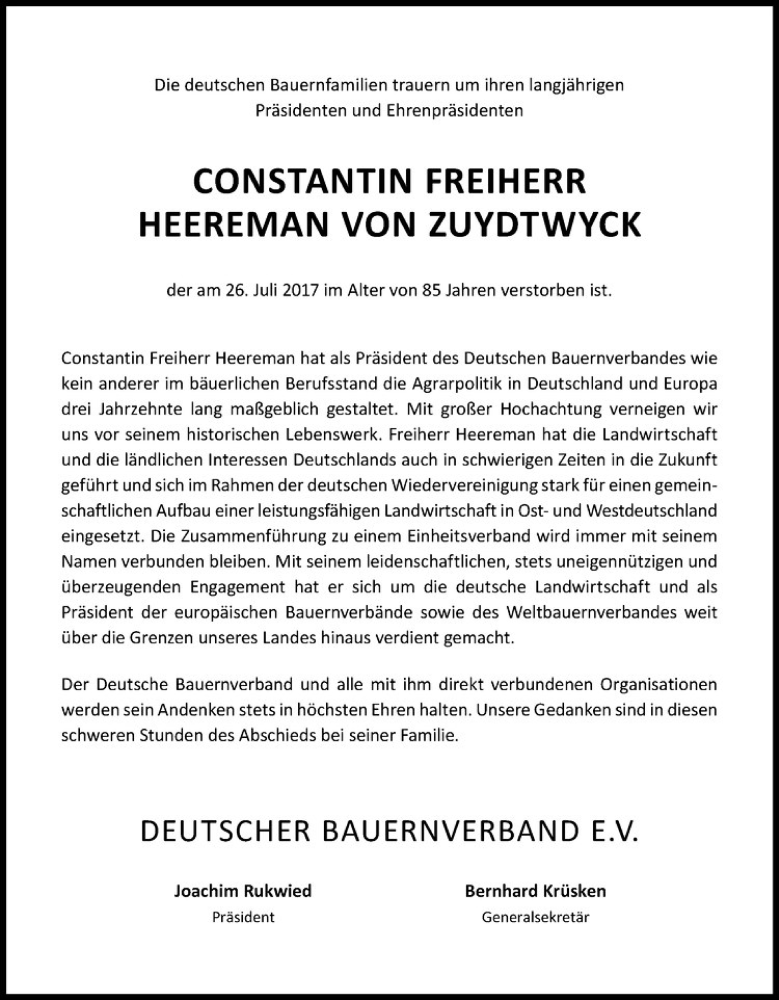  Traueranzeige für Constantin Freiherr Heereman von Zuydtwyck vom 29.07.2017 aus Westfälische Nachrichten