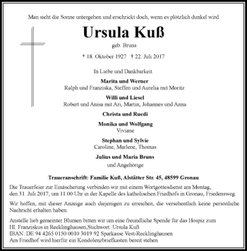 Anzeige von Ursula Kuß von Westfälische Nachrichten