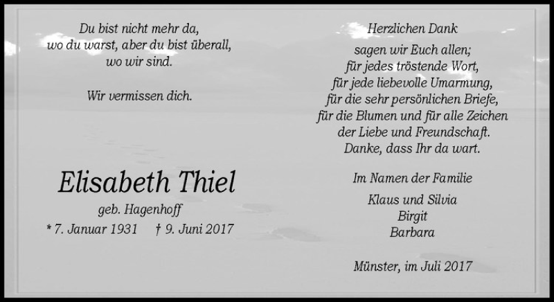  Traueranzeige für Elisabeth Thiel vom 22.07.2017 aus Westfälische Nachrichten