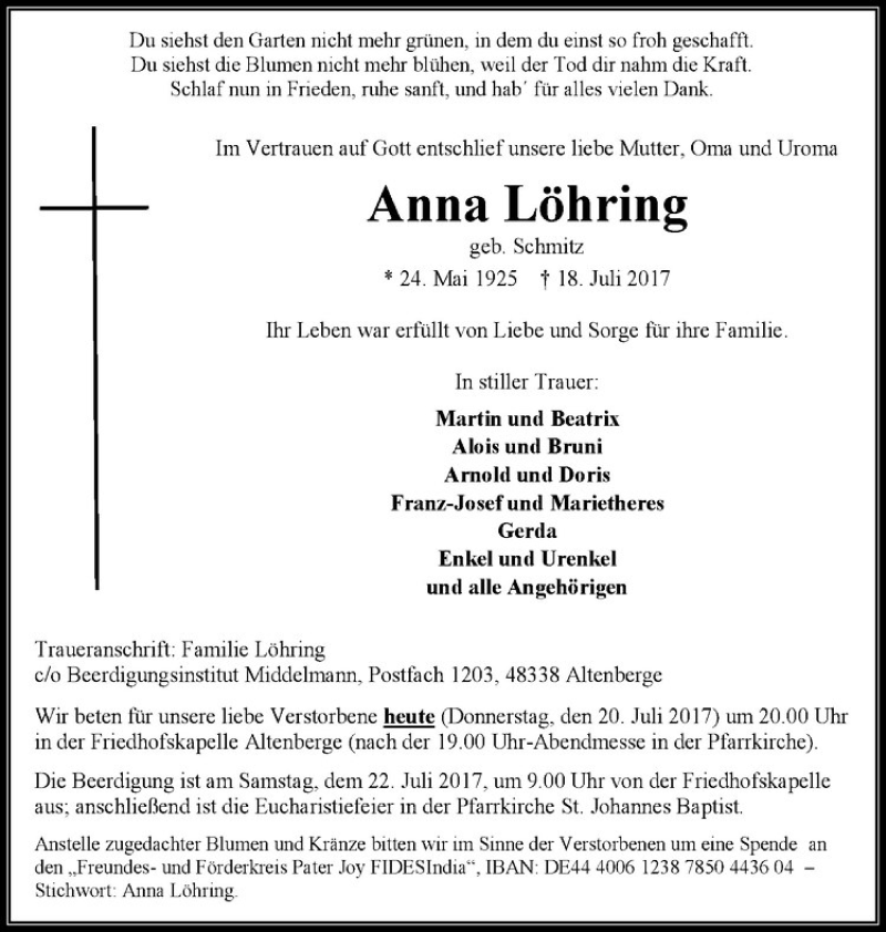  Traueranzeige für Anna Löhring vom 20.07.2017 aus Westfälische Nachrichten