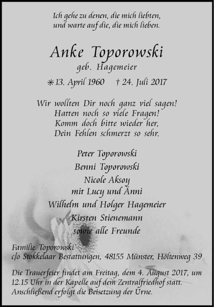  Traueranzeige für Anke Toporowski vom 29.07.2017 aus Westfälische Nachrichten