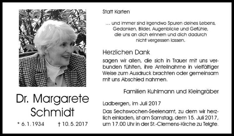  Traueranzeige für Margarete Schmidt vom 08.07.2017 aus Westfälische Nachrichten