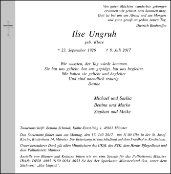 Anzeige von Ilse Ungruh von Westfälische Nachrichten