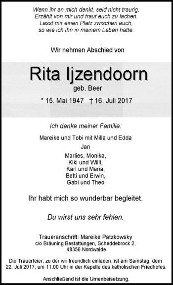 Anzeige von Rita Ijzendoorn von Westfälische Nachrichten