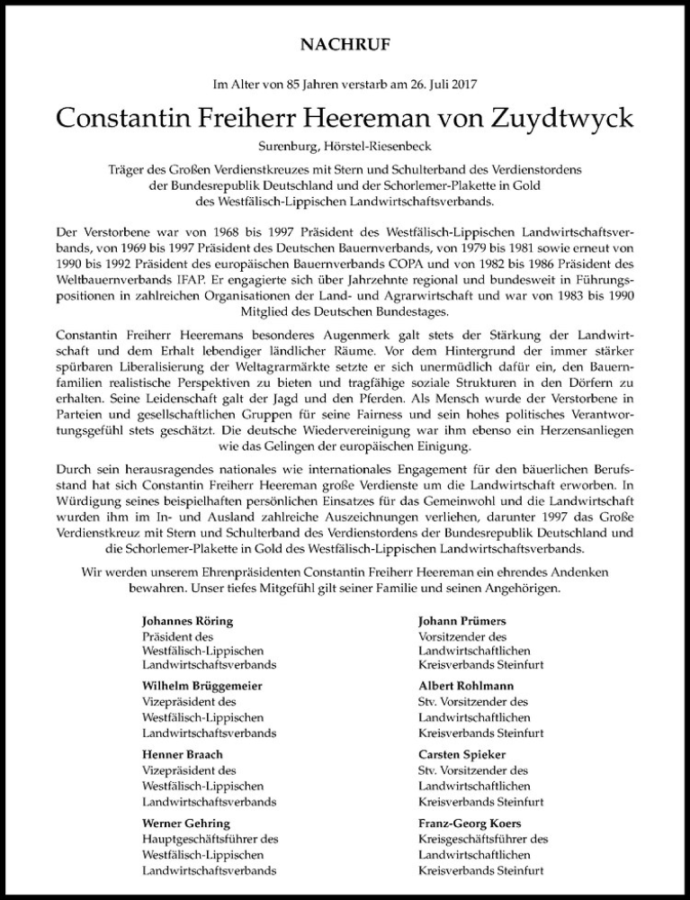  Traueranzeige für Constantin Freiherr Heereman von Zuydtwyck vom 29.07.2017 aus Westfälische Nachrichten