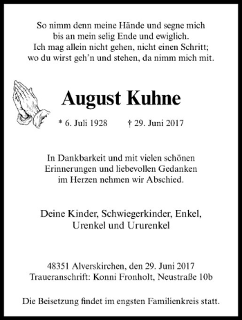 Anzeige von August Kuhne von Westfälische Nachrichten