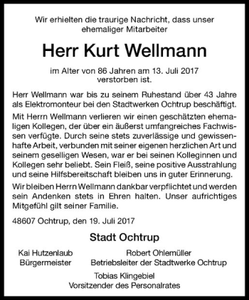Anzeige von Kurt Wellmann von Westfälische Nachrichten