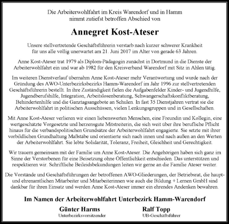  Traueranzeige für Annegret Kost-Ateser vom 01.07.2017 aus Westfälische Nachrichten