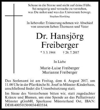 Anzeige von Hansjörg Freiberger von Westfälische Nachrichten