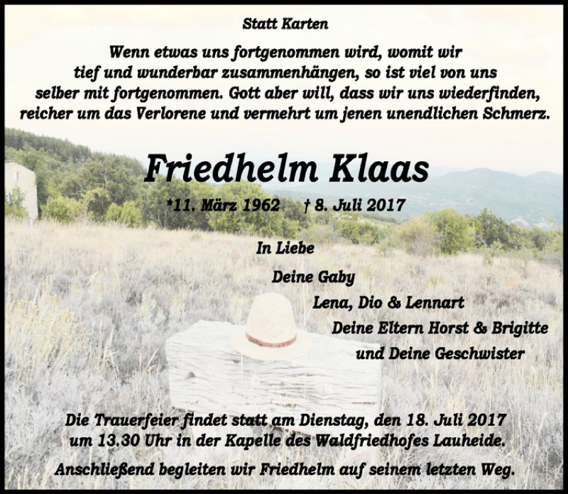  Traueranzeige für Friedhelm Klaas vom 15.07.2017 aus Westfälische Nachrichten
