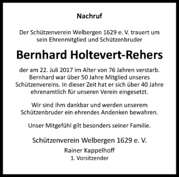 Anzeige von Bernhard Holtevert-Rehers von Westfälische Nachrichten