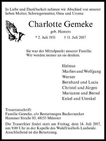 Anzeige von Charlotte Gemeke von Westfälische Nachrichten