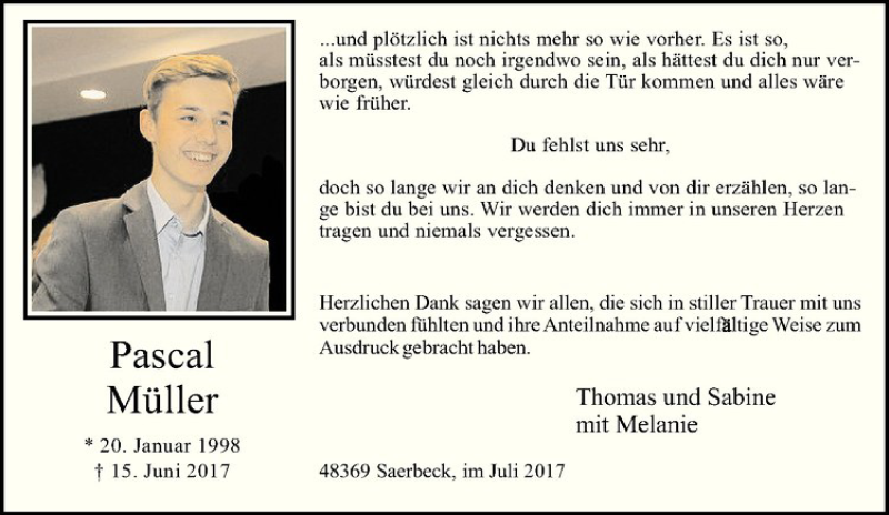  Traueranzeige für Pascal Müller vom 22.07.2017 aus Westfälische Nachrichten