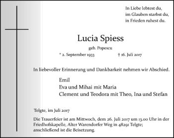 Anzeige von Lucia Spiess von Westfälische Nachrichten