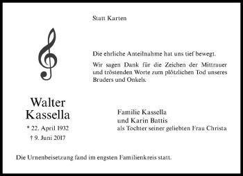 Anzeige von Walter Kassella von Westfälische Nachrichten