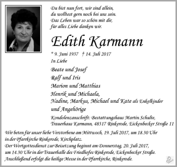 Anzeige von Edith Karmann von Westfälische Nachrichten