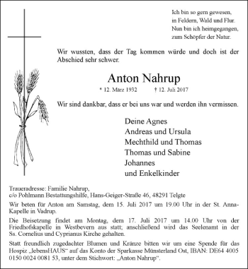 Anzeige von Anton Nahrup von Westfälische Nachrichten