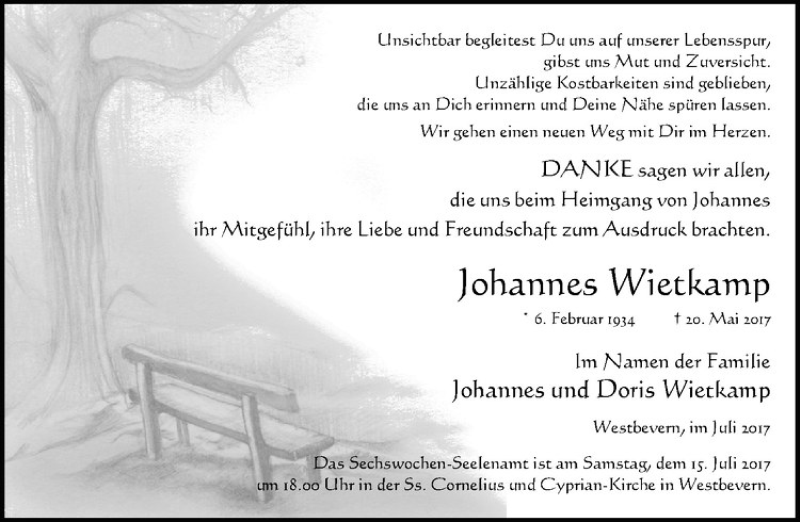  Traueranzeige für Johannes Wietkamp vom 12.07.2017 aus Westfälische Nachrichten