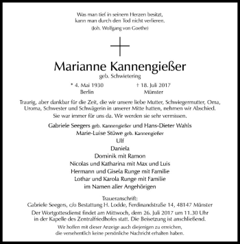 Anzeige von Marianne Kannengießer von Westfälische Nachrichten