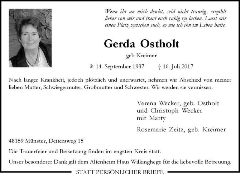  Traueranzeige für Gerda Ostholt vom 22.07.2017 aus Westfälische Nachrichten