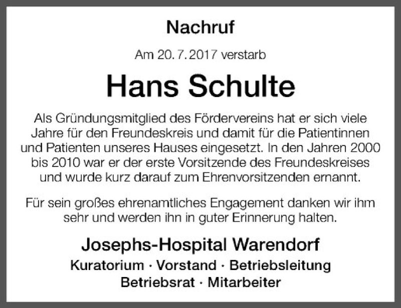  Traueranzeige für Hans Schulte vom 27.07.2017 aus Westfälische Nachrichten