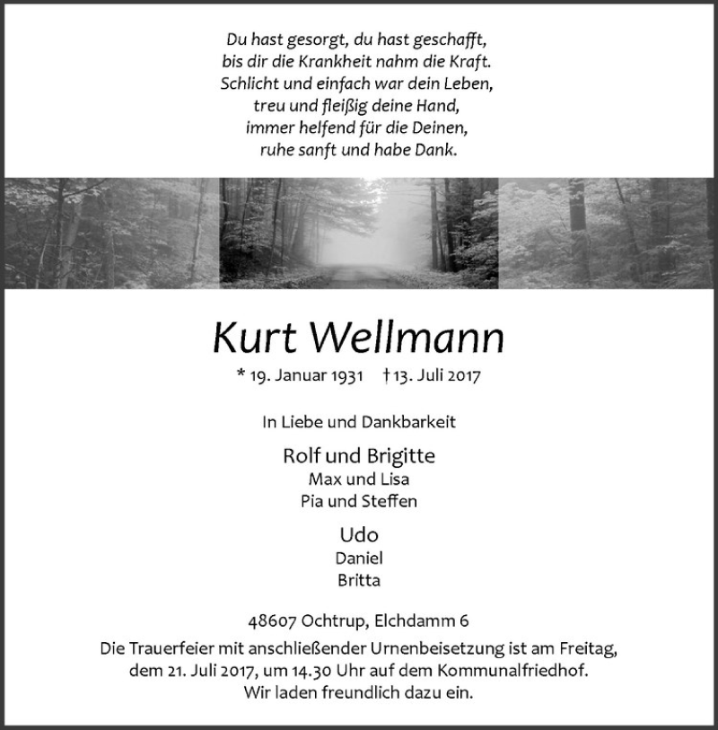  Traueranzeige für Kurt Wellmann vom 17.07.2017 aus Westfälische Nachrichten