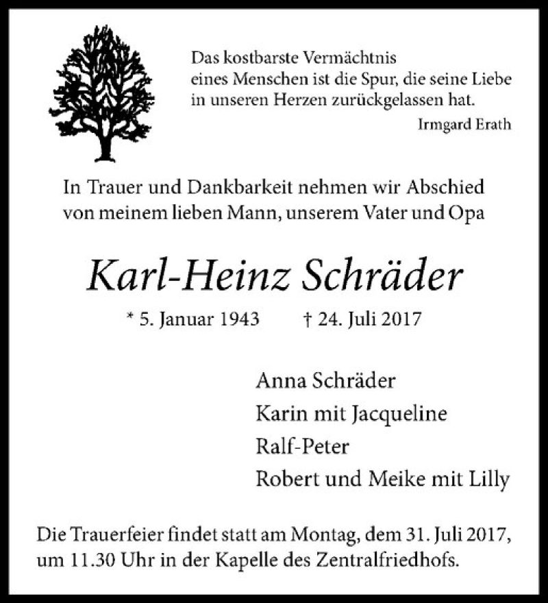  Traueranzeige für Karl-Heinz Schräder vom 28.07.2017 aus Westfälische Nachrichten