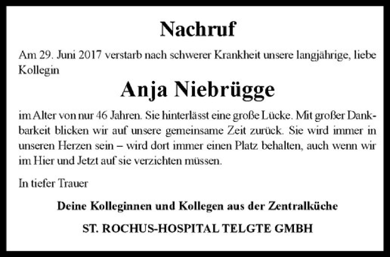  Traueranzeige für Anja Niebrügge vom 08.07.2017 aus Westfälische Nachrichten