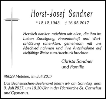 Anzeige von Horst-Josef Sandner von Westfälische Nachrichten