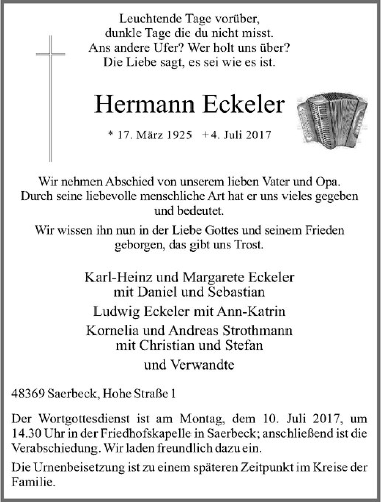  Traueranzeige für Hermann Eckeler vom 07.07.2017 aus Westfälische Nachrichten