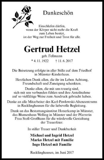 Anzeige von Gertrud Hetzel von Westfälische Nachrichten