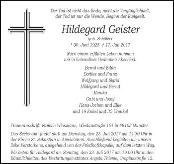 Anzeige von Hildegard Geister von Westfälische Nachrichten