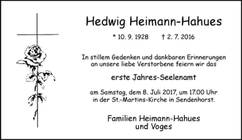Anzeige von Hedwig Heimann-Hahues von Westfälische Nachrichten