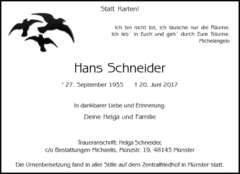 Traueranzeige für Hans Schneider vom 01.07.2017 aus Westfälische Nachrichten