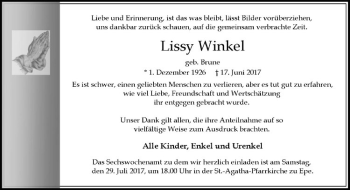 Anzeige von Lissy Winkel von Westfälische Nachrichten