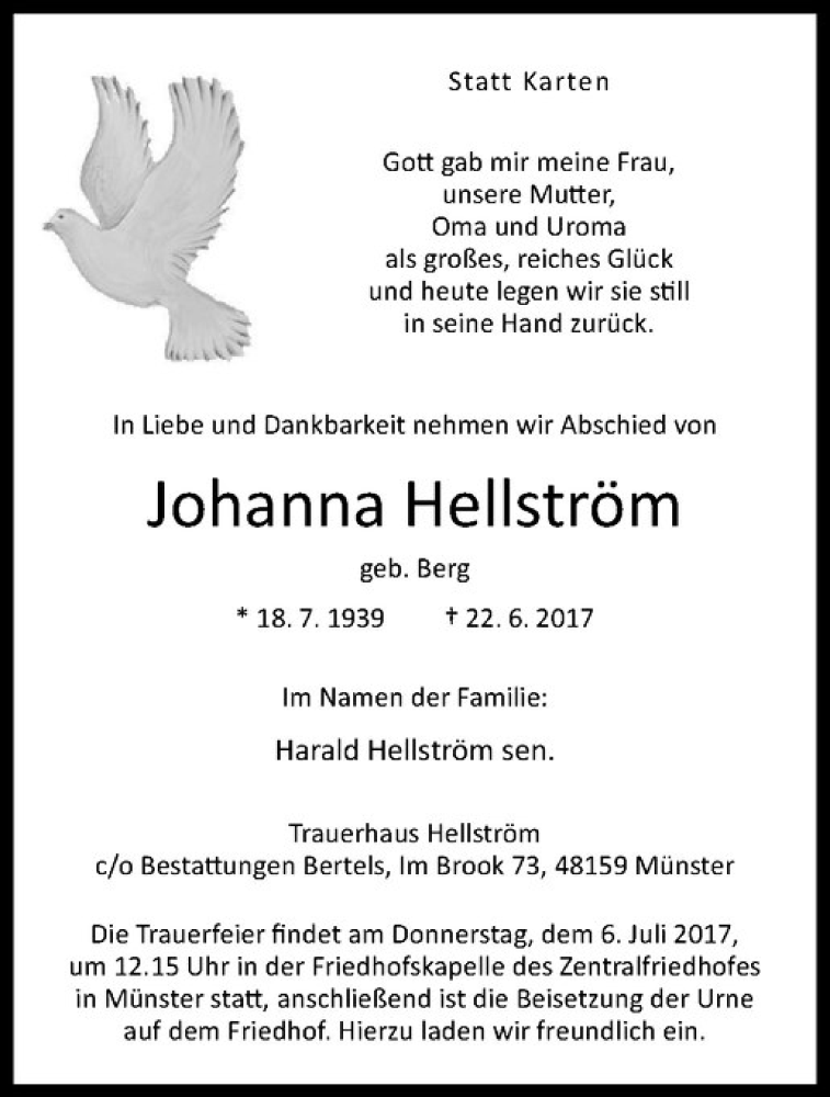  Traueranzeige für Johanna Hellström vom 01.07.2017 aus Westfälische Nachrichten
