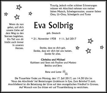 Anzeige von Eva Solbrig von Westfälische Nachrichten