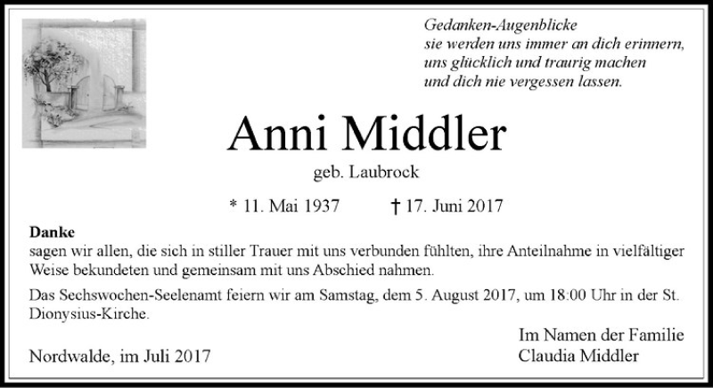  Traueranzeige für Anni Middler vom 29.07.2017 aus Westfälische Nachrichten