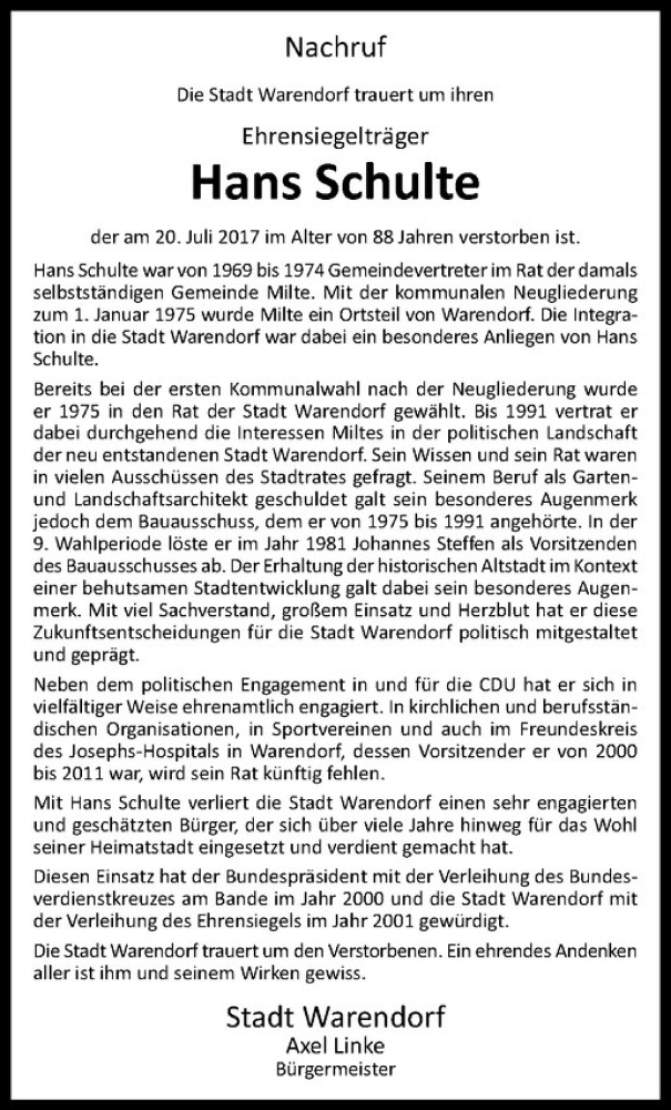  Traueranzeige für Hans Schulte vom 26.07.2017 aus Westfälische Nachrichten
