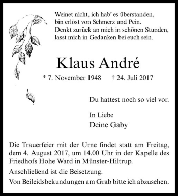 Anzeige von Klaus André von Westfälische Nachrichten